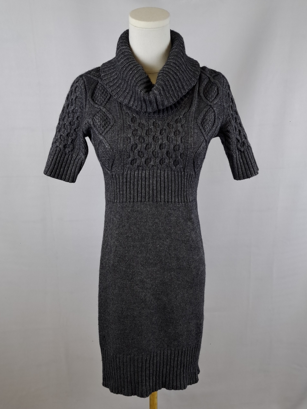 LOFT Charcoal Gray Cable Knit Cowl Short Sleeve Sweater Dress Wool Angora Sz MP